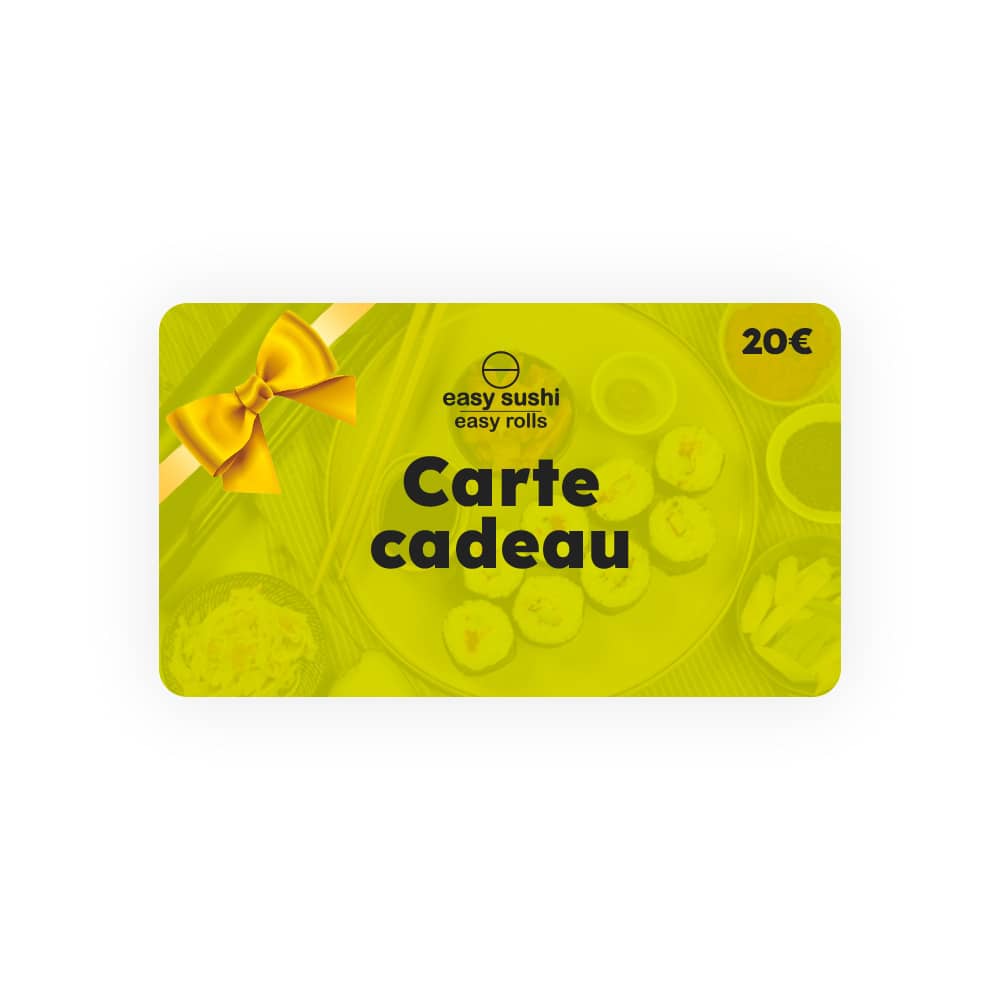 Carte cadeau Easy Sushi avec nœud doré et sushis, d'une valeur de 20€