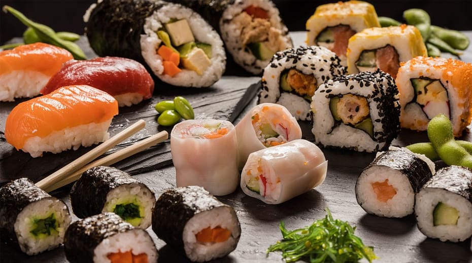 Un assortiment de sushis sur un plateau noir, avec des baguettes et du wasabi