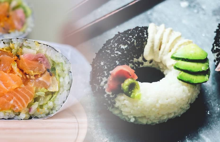 Sushi burritos and sushi donuts, a creative fusion cuisine.