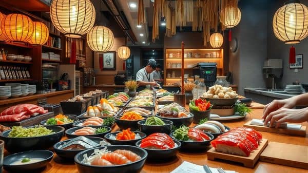 Restaurant de sushis avec des lanternes et des chefs préparant des plats savoureux.